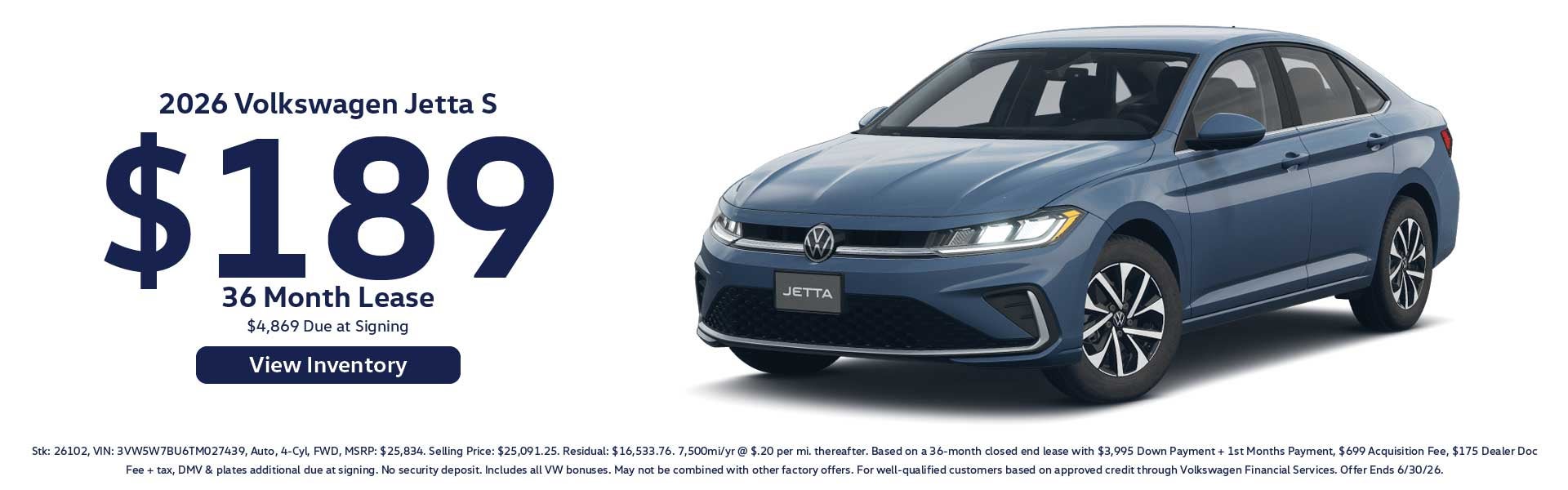 2026 Volkswagen Jetta S $189/ 36 Month Lease