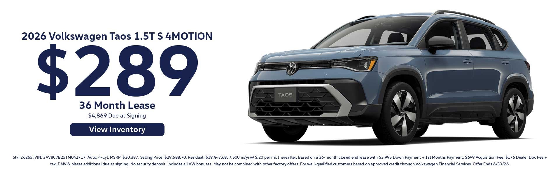 2026 Volkswagen Taos 1.5T S 4MOTION $289/ 36 Month Lease