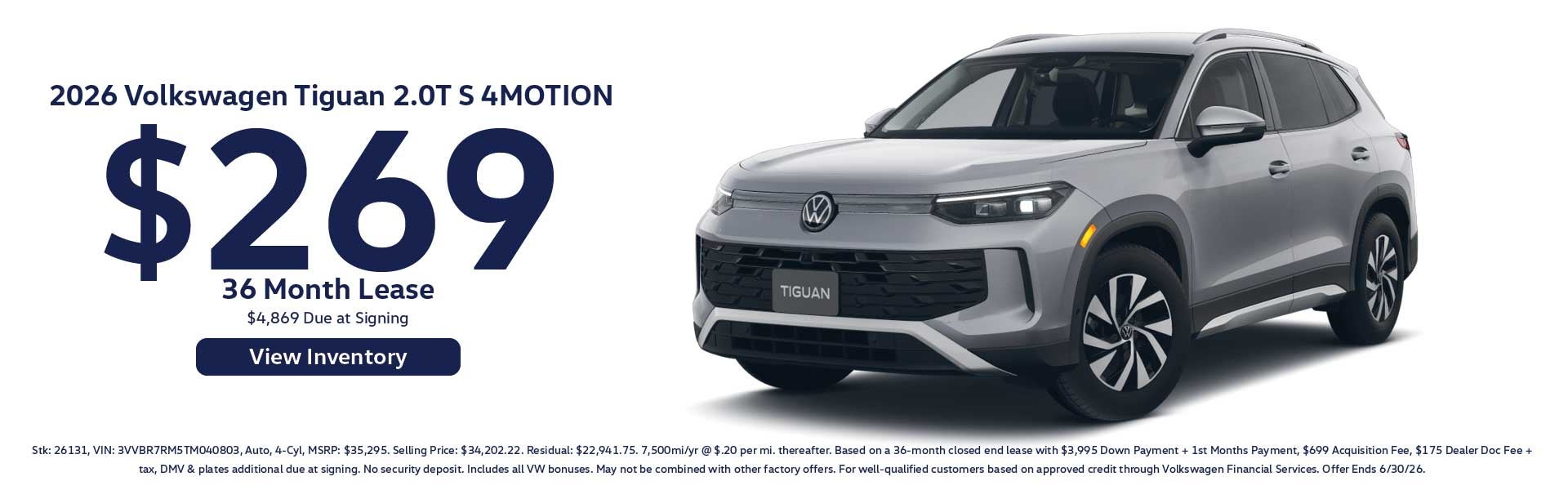 2026 Volkswagen Tiguan 2.0T S 4MOTION $269/ 36 Month Lease