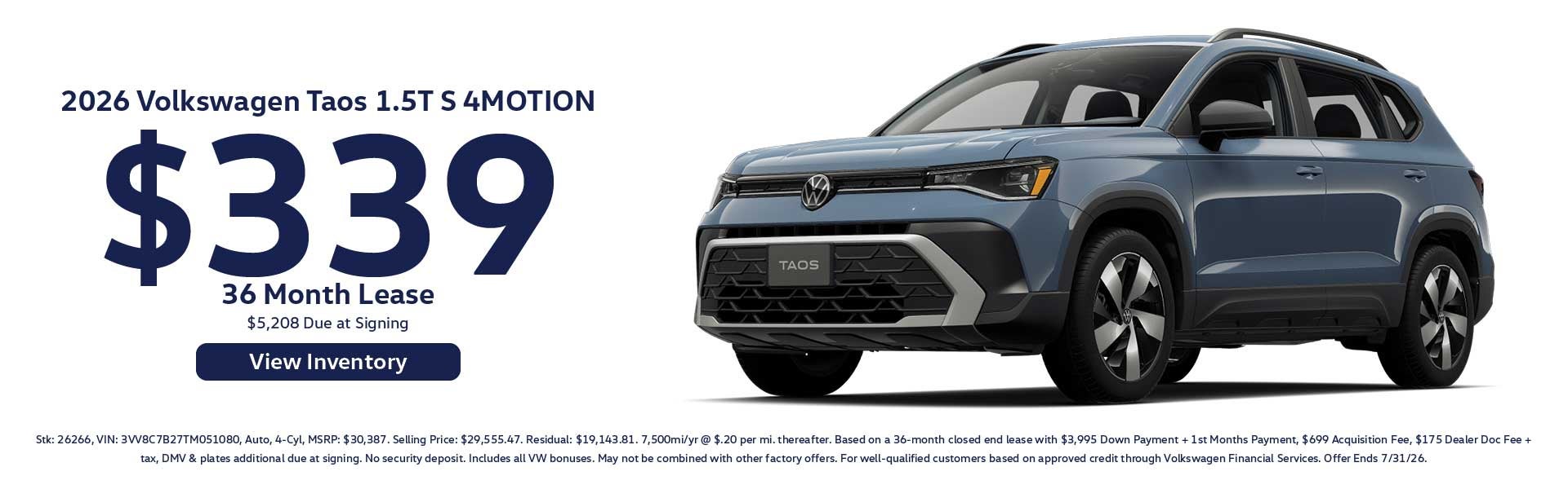 2026 Volkswagen Taos 1.5T S 4MOTION $339/ 36 Month Lease