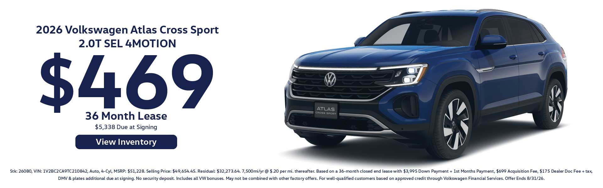 2026 Volkswagen Atlas Cross Sport 2.0T SEL 4MOTION $469/ 36 