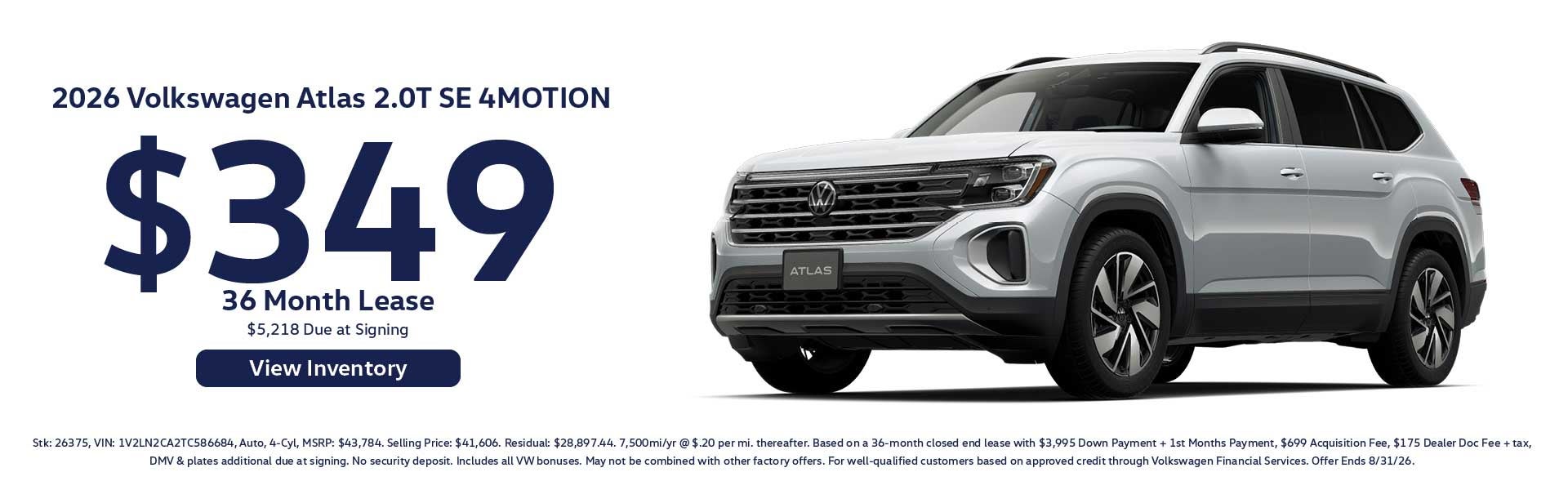 2026 Volkswagen Atlas 2.0T SE 4MOTION $349/ 36 Month Lease
