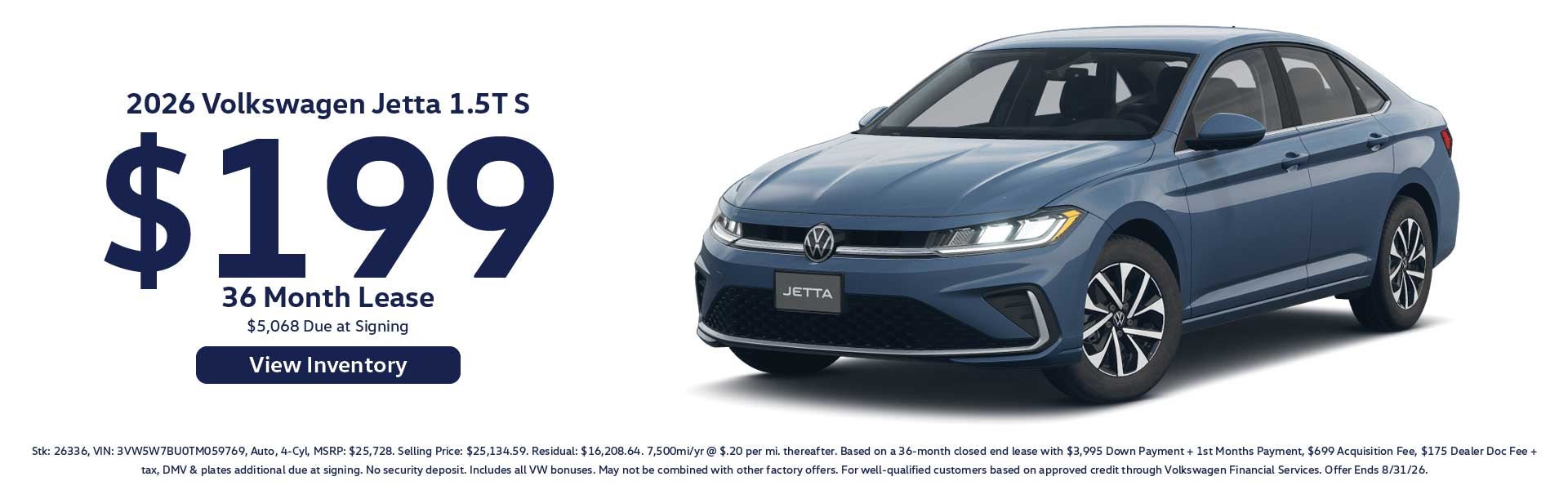 2026 Volkswagen Jetta 1.5T S $199/ 36 Month Lease