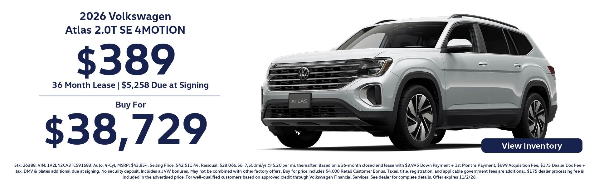 2026 Volkswagen Atlas 2.0T SE 4MOTION $389/ 36 Month Lease