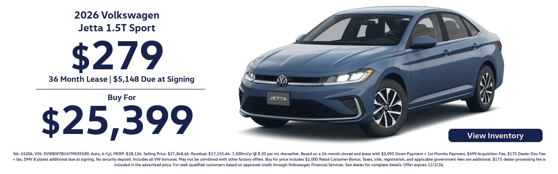 2026 Volkswagen Jetta 1.5T Sport $279/ 36 Month Lease