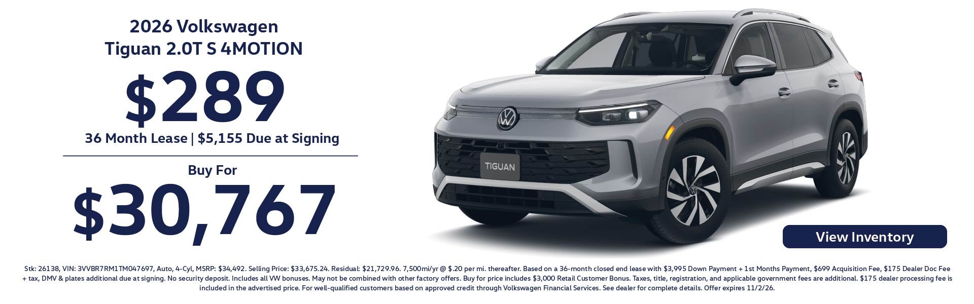 2026 Volkswagen Tiguan 2.0T S 4MOTION $289/ 36 Month Lease